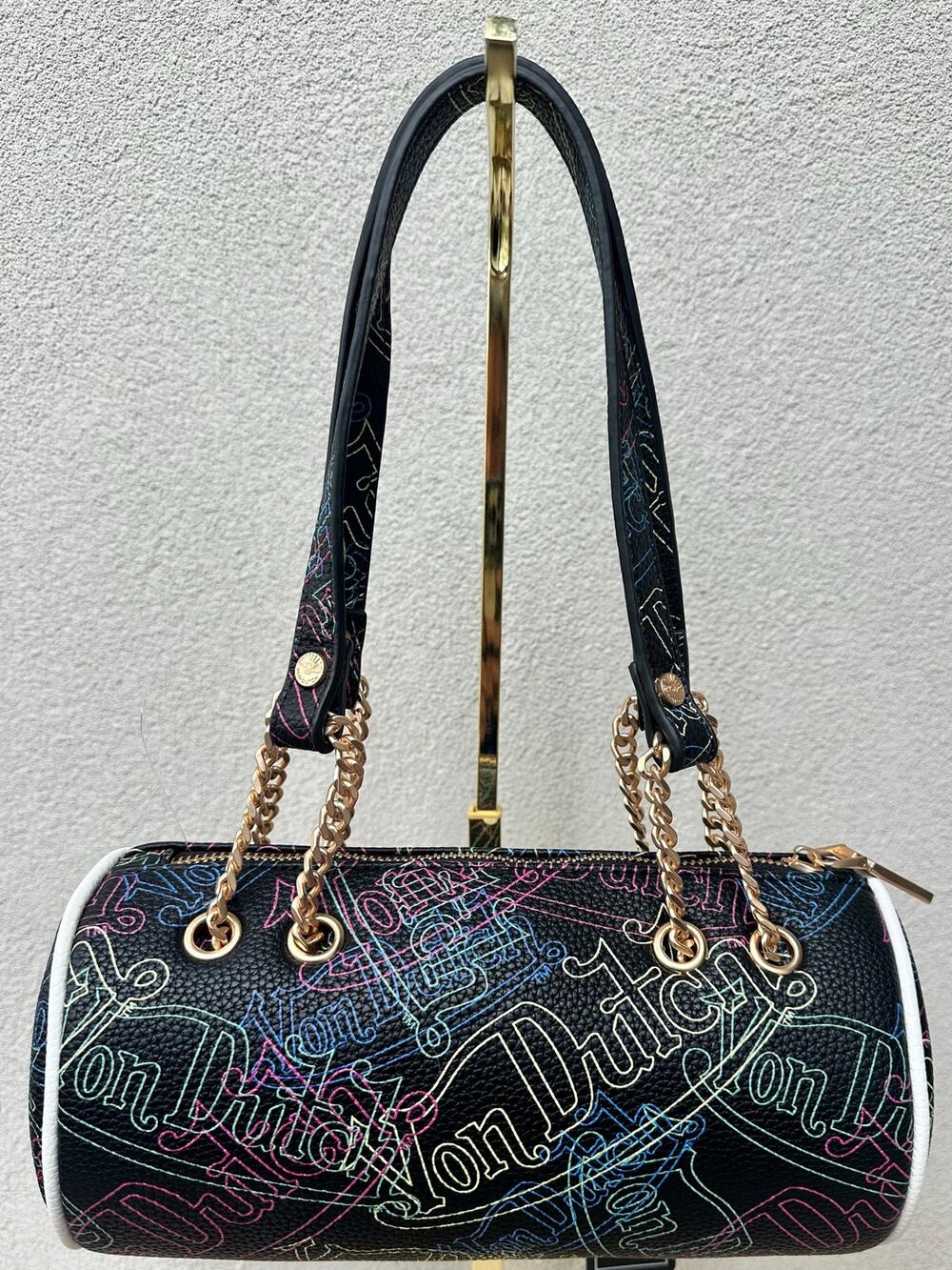 NWT Von Dutch Neon Logo Barrel Bag Black Multicolor Y2K Chain Shoulder Purse